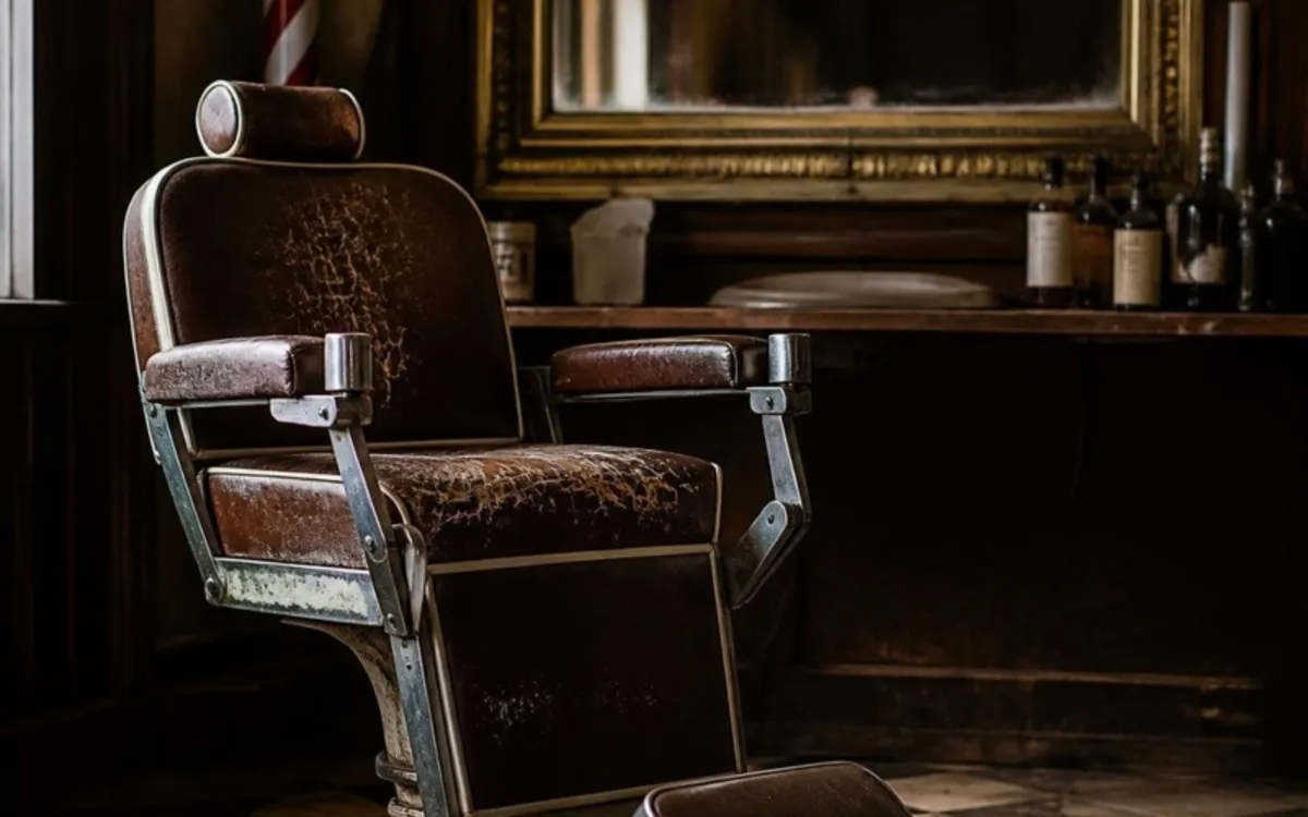 Cadeira de barbeiro antiga de couro numa barbearia clássica