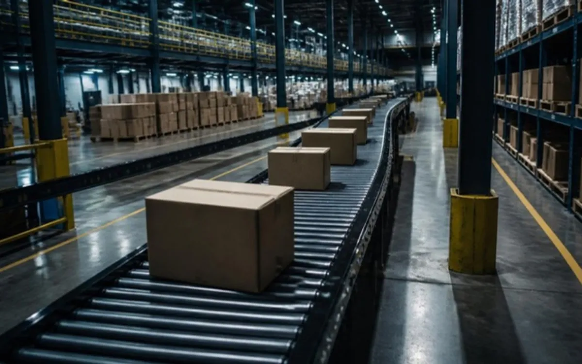 Caixas de papelão numa esteira de um centro de distribuição