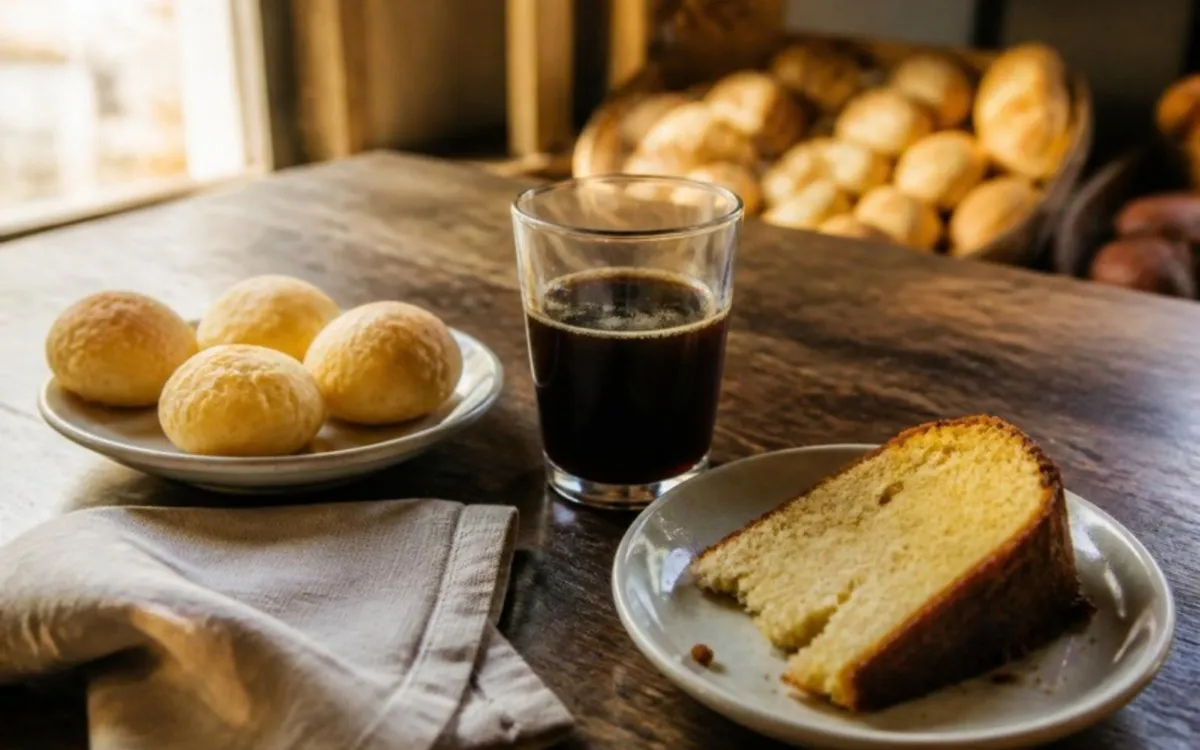 Pão de queijo, bolo e café numa mesa de madeira perto da janela